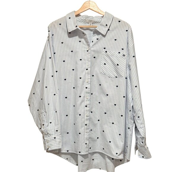 Crown & Ivy Size 2X Blue Embroidered Button Down Womens Striped Heart Shirt - Picture 3 of 9